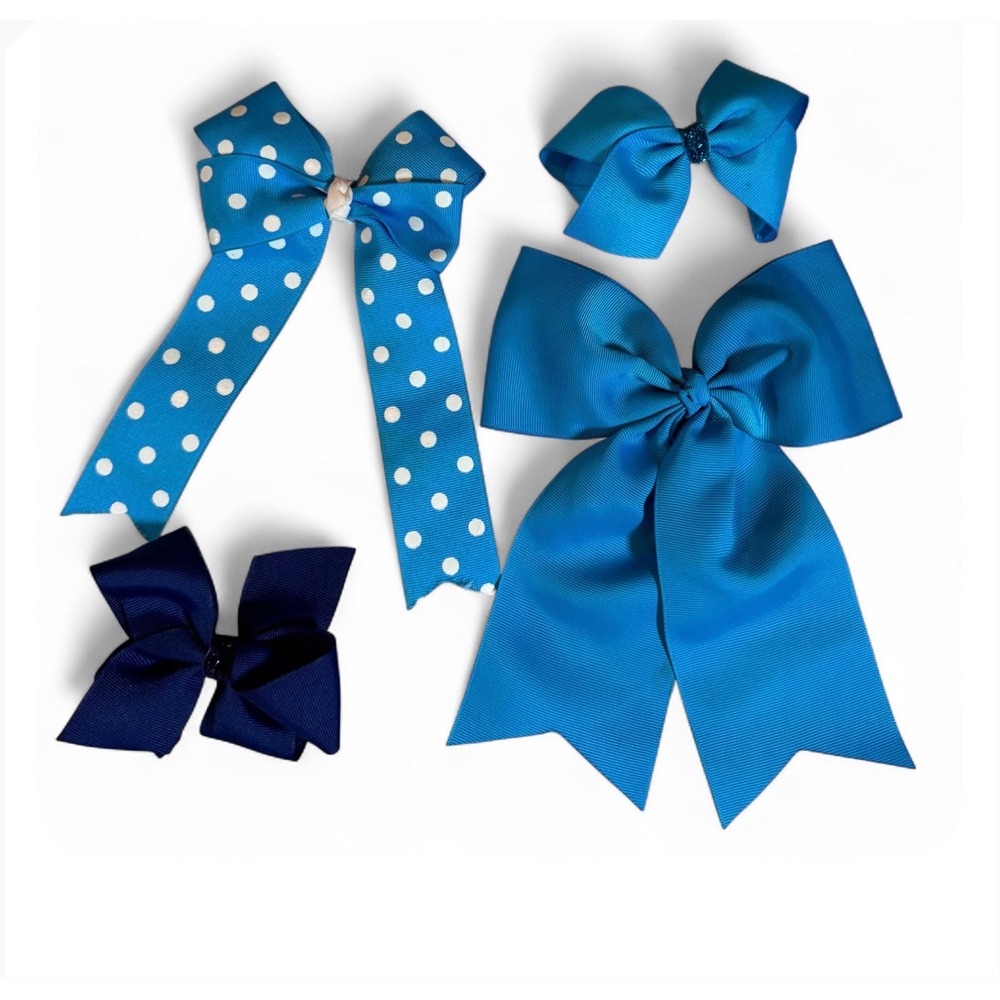 Vintage Blue Grosgrain Hair Bow Set of 4 Polka Dot Cheer School Accessories Kids